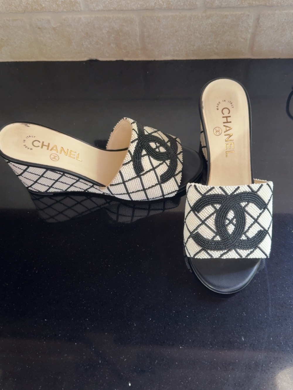 CHANEL Black and Cream Embroidered Logo Slide Wedges